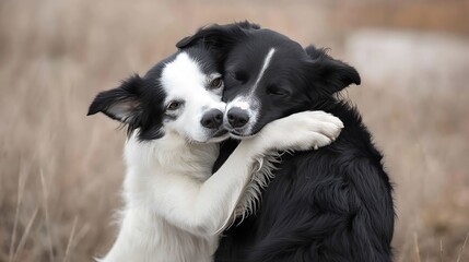 Fototapeta premium Two Border Collies Embrace in a Serene Field. AI Generated