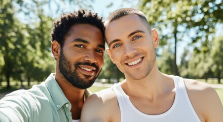 Obraz premium Diverse young adult friends smiling outdoors in a sunny park setting