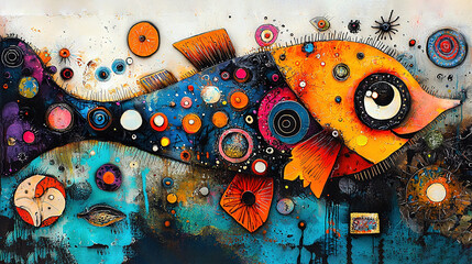   A fish in a painting with numerous circles covering its body and many fish swimming on its back