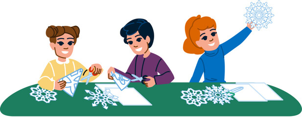 folding making paper snowflakes vector. craft diy, scissors winter, decoration symmetrical folding making paper snowflakes character. people flat cartoon illustration