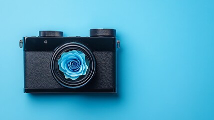 Close-up Photo of Camera with Rose Lens on Blue Background Mockup. AI Generated
