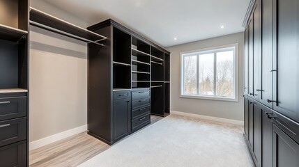 Obraz premium Modern walk-in closet with dark wood cabinetry, shelves, drawers, and a window.