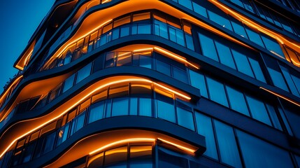 Glowing Building Exterior Curving Upward Photo At Night. AI Generated