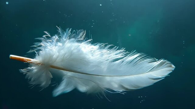 A feather is floating in the water. The feather is white and has a brown tip. The water is blue and calm