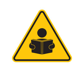 Vector triangle yellow sign danger. Human character reading an open book. Isolated on white background.