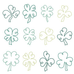 Hand-Drawn Clover Leaves Set in Retro Colors for St. Patrick's Day. Four and three leaf clovers. Vector colorful charcoal drawn doodle elements