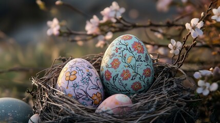 Obraz premium Two intricately decorated Easter eggs with floral patterns placed in a nest surrounded by spring blossoms.