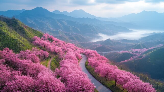 Beautiful mountain scenery with blooming pink trees