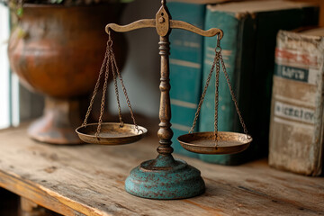 Old fashioned balance scale beside a stack of law books