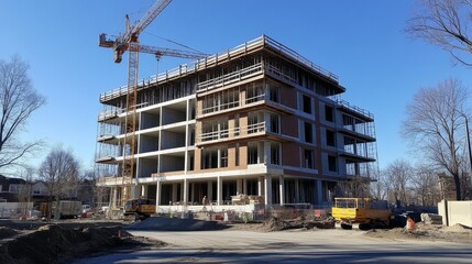 Modern building under construction with blue sky background