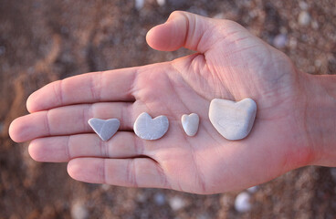 Close-up overhead view of a Hand holding four assorted heart shaped pebbles
