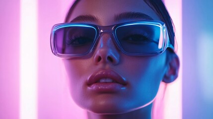 Close-up of a woman in pink neon light with futuristic sunglasses
