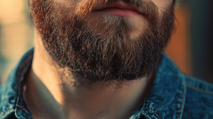 Fototapeta premium Close-Up of a Man's Facial Hair and Skin in Natural Light with a Soft Background, Highlighting Textures and Details of Grooming Style