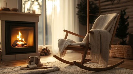 Cozy living room with a rocking chair, soft blanket, warm fireplace, and natural light creating a peaceful ambiance.

