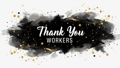Thank you workers banner with artistic watercolor design and glamorous gold accents