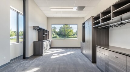 Modern office storage room with built-in cabinets and ample natural light.
