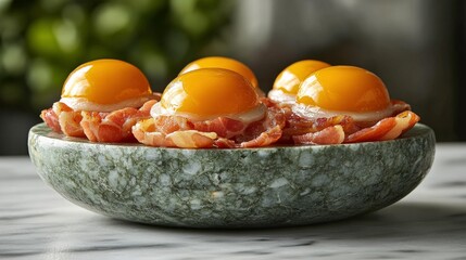 Savory Breakfast Dish Featuring Eggs in Bacon Cups Served on Elegant Marble Plate Surrounded by Lush Green Background and Natural Light