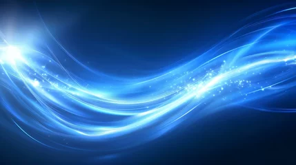 Selbstklebende Fototapeten Dynamic glowing blue wave with sparkling highlights on a dark background creating a futuristic energy effect. © Nadiia
