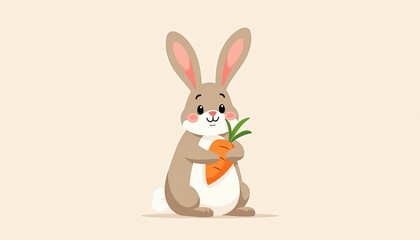Fototapeta premium Cute rabbit eating carrot with cheerful expression on light background