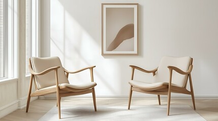 Minimalist interior with two wooden armchairs, soft beige cushions, and modern art on a white wall in sunlight.