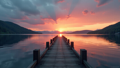 Fototapeta premium Serene Sunrise Over a Wooden Pier on a Calm Lake