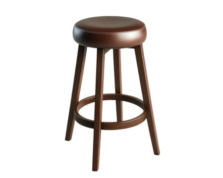 modern wooden bar stool with brown leather seat, perfect for kitchens or bars. Its sleek design adds elegance to any space