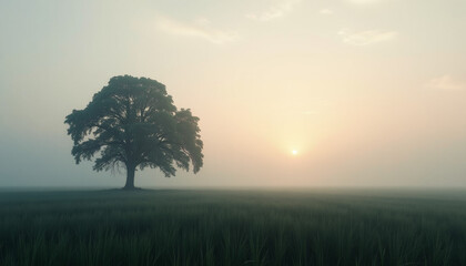 Obraz premium Misty Sunrise Over a Lonely Tree