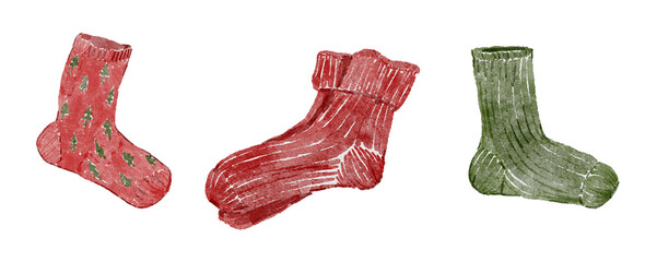 Watercolor Colorful Red and Green Socks Illustration Set in the Png format.