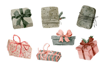 Collection of Watercolor Red and Green Festive Gift Boxes in the Png format.