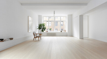 Fototapeta premium This living area showcases a clean, minimalist design with pure white walls and light oak flooring, featuring a statement chair and large windows that enhance the bright atmosphere