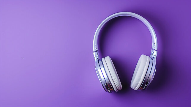 Sleek silver metallic wireless headphones floating in the air on a lavender purple background, showcasing minimalist design, trendy accessories, and premium audio technology for music lovers and tech.