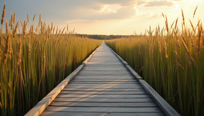 Obraz premium Serene Wooden Pathway Through Golden Meadow at Sunset