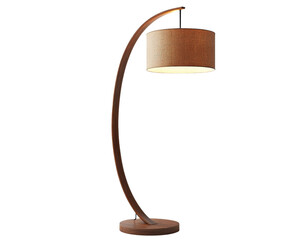 Elegant floor lamp with curved wooden base and woven shade, perfect for modern interiors. This stylish lighting fixture adds warmth and sophistication to any room