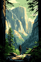 Hiker walking towards half dome in yosemite national park illustration