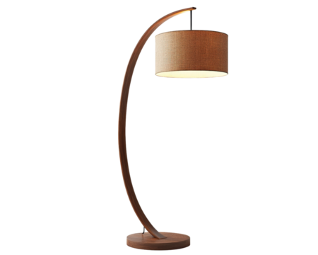Elegant floor lamp with curved wooden base and woven shade, perfect for modern interiors. This stylish lighting fixture adds warmth and sophistication to any room