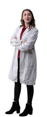 Young confident female technician wearing a lab coat poses with crossed arms on transparent  looking directly at the camera with a serious, determined expression