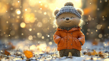 Cute hedgehog wearing winter clothes enjoying first snowfall