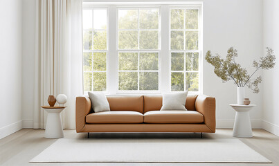 Fototapeta premium This living room features large windows that fill the space with soft natural light, highlighting a simple leather sofa, geometric side tables, and a calming white interior