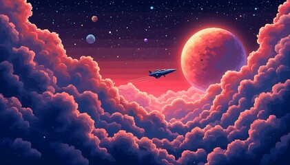 An otherworldly landscape showcasing an alien planet with swirling clouds and distant planets in the sky. Pixel art