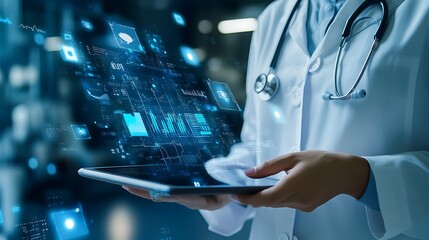 A healthcare professional analyzing digital data on a tablet, surrounded by health charts and graphs, representing the sharing of health information in a modern medical setting 