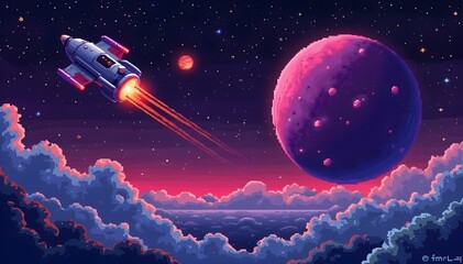Naklejka premium A craft flies gracefully above the clouds, capturing the imagination with its unique silhouette against the sky. Pixel art