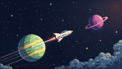 Naklejka premium A futuristic spaceship hovers over soft clouds, highlighting its otherworldly presence in the atmosphere. Pixel art