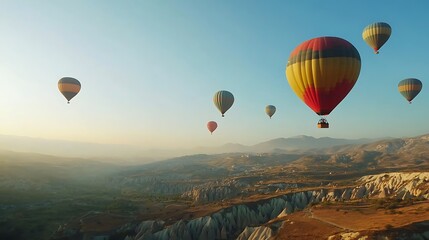 Fototapeta premium Soaring hot air balloons ascend over vast rocky landscape wide shot photo.. AI Generated