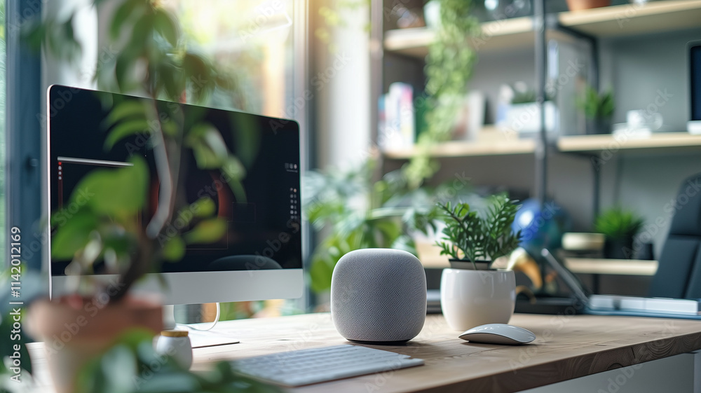 Aufkleber this modern workspace features plants and smart devices promoting relaxation and productivity.