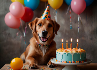 Happy cute dog celebrating with birthday cake and party hat