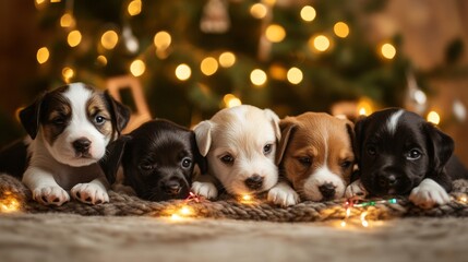 Obraz premium Adorable Group of Puppies Celebrating New Year Together with Festive Party Hats, Colorful Balloons, and Glittering Decorations, Creating a Playful and Heartwarming Holiday Scene Perfect for Seasonal C
