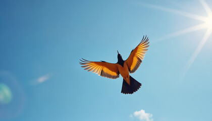 Fototapeta premium Colorful Bird in Flight Under Clear Blue Sky