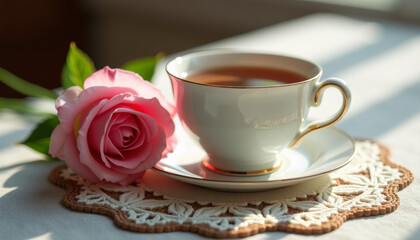 Obraz premium Pink Rose and Teacup - A Delicate Morning Treat