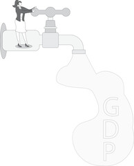 Businesswoman turns on the faucet and fills the letter GDP with water