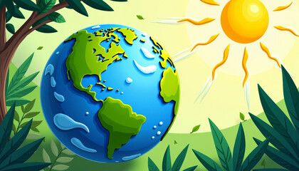 Naklejka premium Colorful Earth illustration with sun and tropical leaves, vibrant design, nature concept